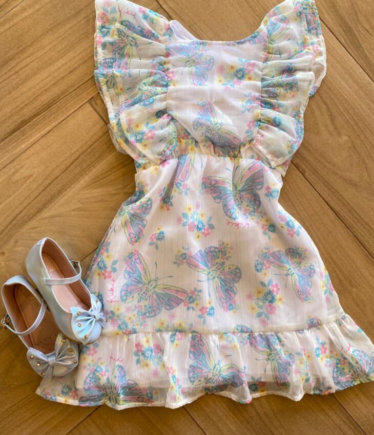 Vestido Infantil Feminino Detalhe de Babado na Manga Estampado Fernanda Ramos Kids