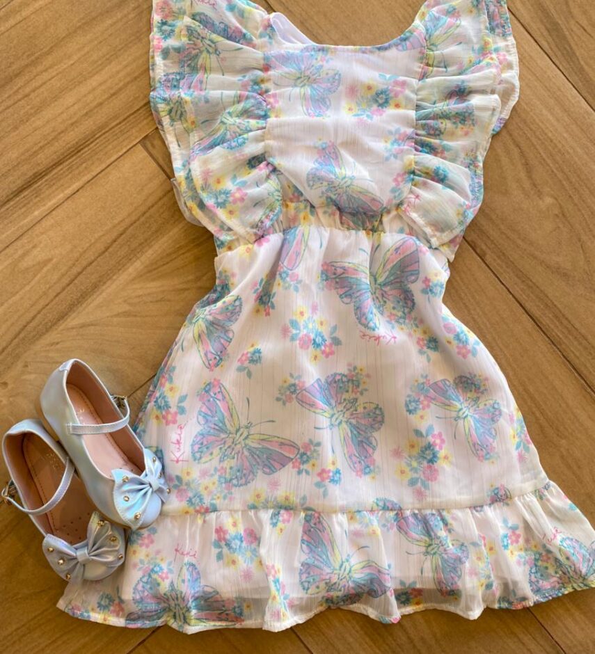 Vestido Infantil Feminino Detalhe de Babado na Manga Estampado Fernanda Ramos Kids