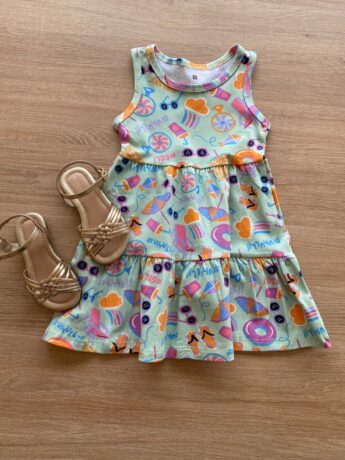 Vestido Infantil Feminino Estampado Fundo Verde Menta Fernanda Ramos Kids