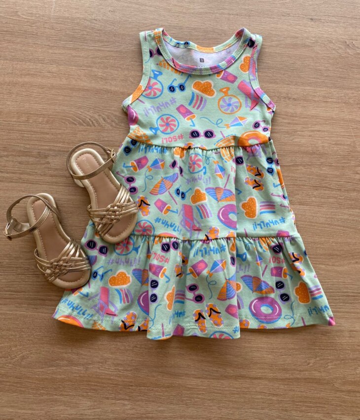 Vestido Infantil Feminino Estampado Fundo Verde Menta Fernanda Ramos Kids
