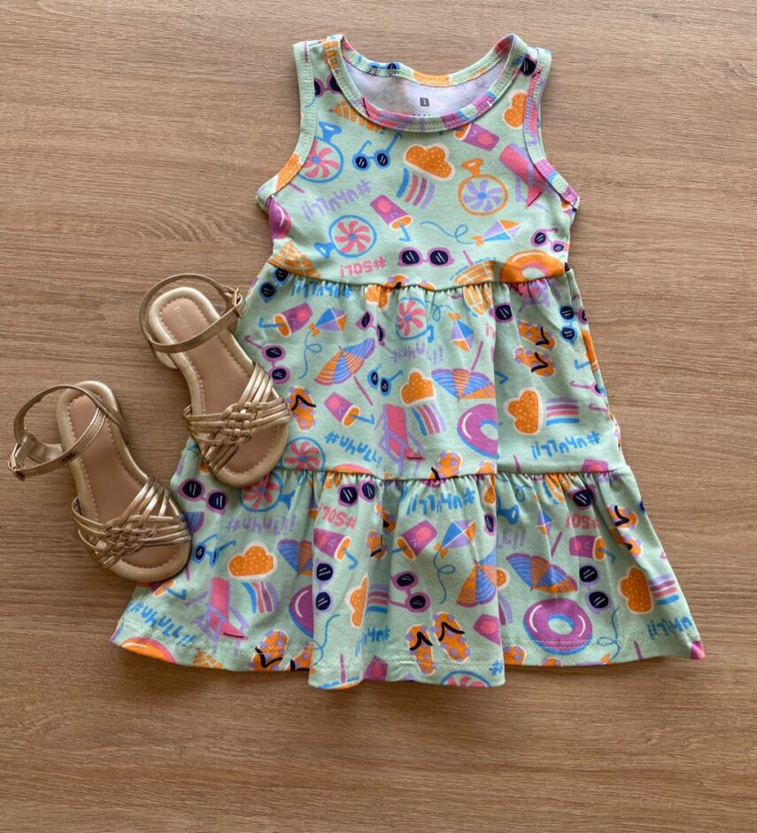 Vestido Infantil Feminino Estampado Fundo Verde Menta Fernanda Ramos Kids