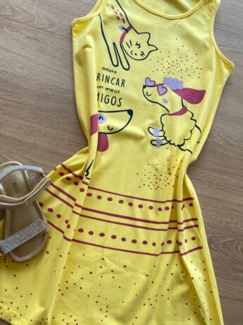 fernandaramoskids com br Vestido Infantil Feminino Evasê Amarelo Estampado1