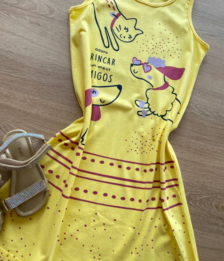 fernandaramoskids com br Vestido Infantil Feminino Evasê Amarelo Estampado1
