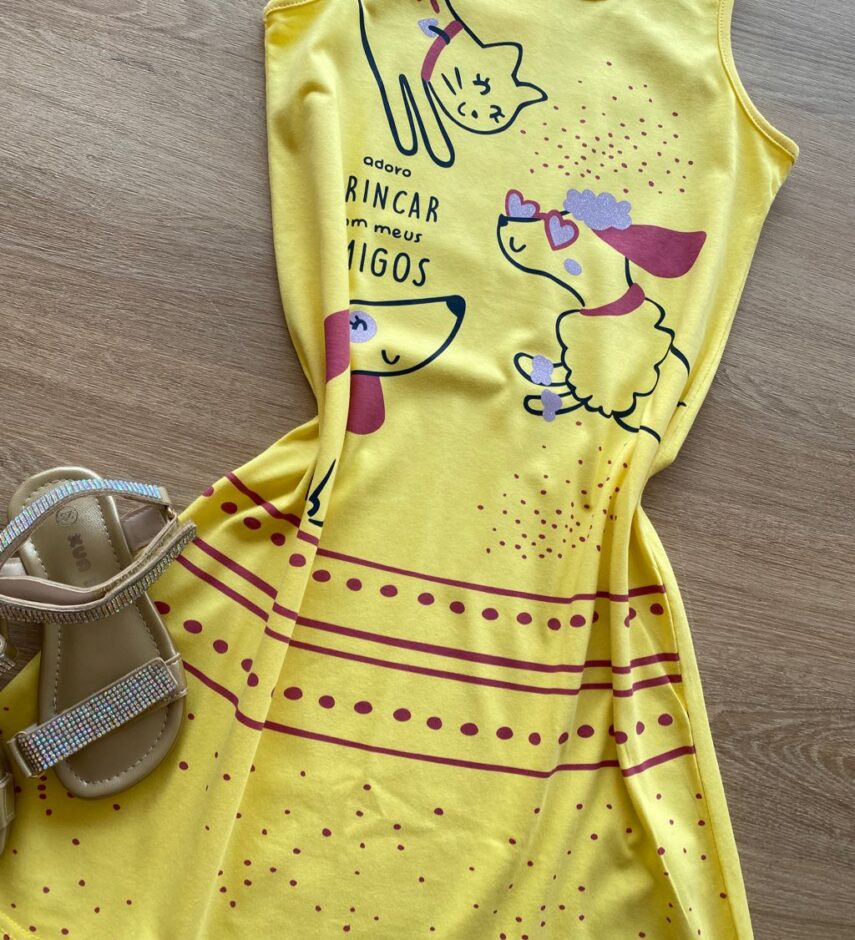 fernandaramoskids com br Vestido Infantil Feminino Evasê Amarelo Estampado1