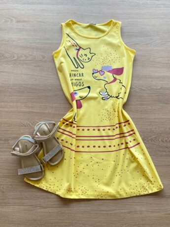 Vestido Infantil Feminino Evasê Amarelo Estampado Fernanda Ramos Kids