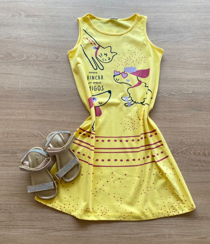 Vestido Infantil Feminino Evasê Amarelo Estampado Fernanda Ramos Kids