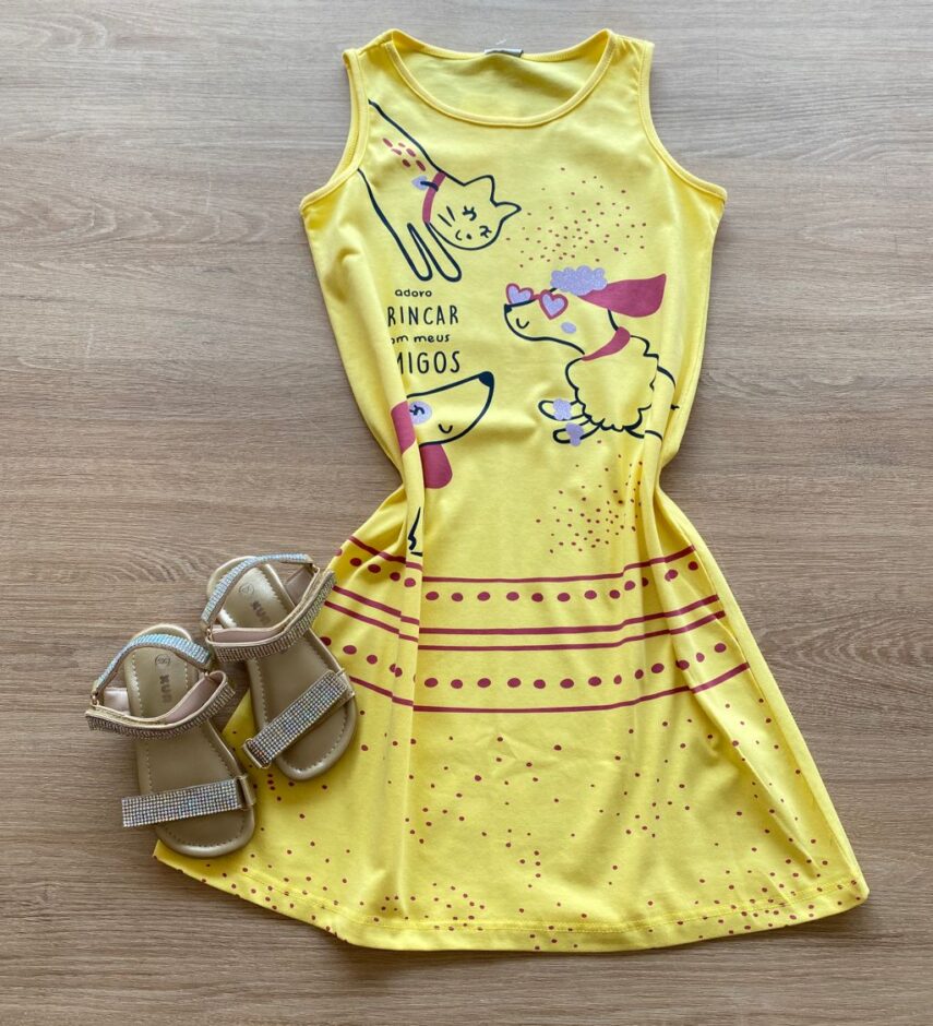 Vestido Infantil Feminino Evasê Amarelo Estampado Fernanda Ramos Kids
