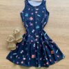 Vestido Infantil Feminino Evasê Estampado Fundo Azul Marinho Fernanda Ramos Kids