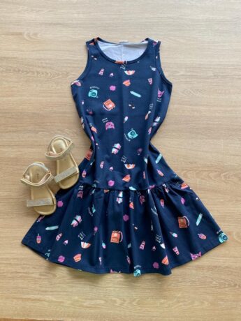 Vestido Infantil Feminino Evasê Estampado Fundo Azul Marinho Fernanda Ramos Kids