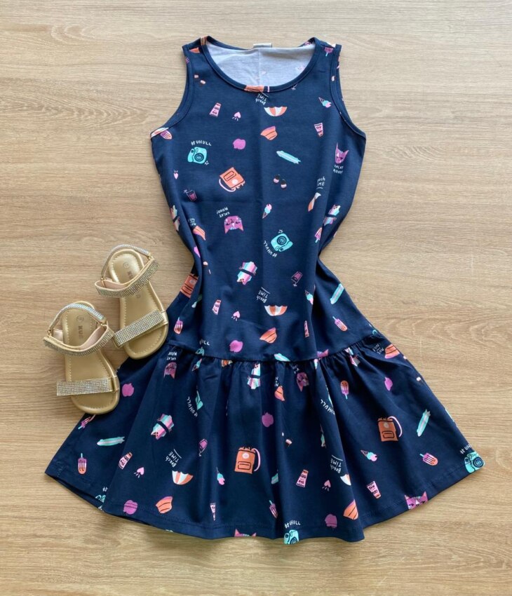 Vestido Infantil Feminino Evasê Estampado Fundo Azul Marinho Fernanda Ramos Kids