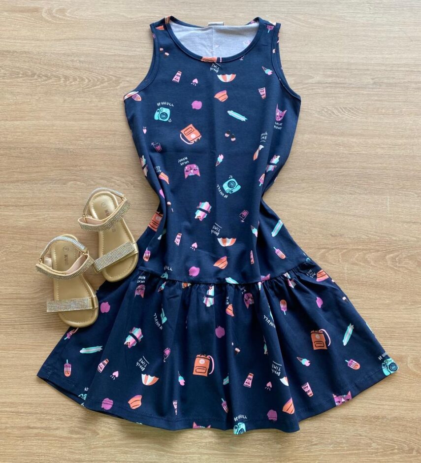 Vestido Infantil Feminino Evasê Estampado Fundo Azul Marinho Fernanda Ramos Kids