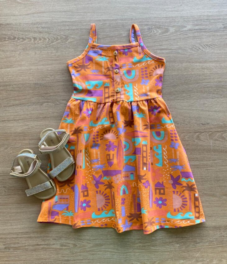 Vestido Infantil Feminino Evasê Estampado Fundo Laranja Fernanda Ramos Kids