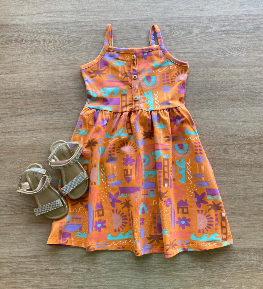 Vestido Infantil Feminino Evasê Estampado Fundo Laranja Fernanda Ramos Kids