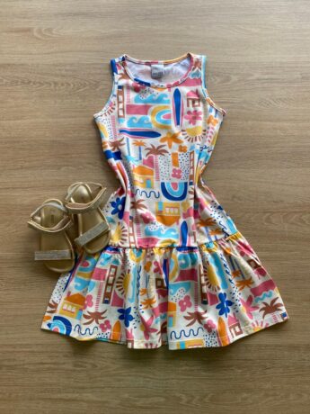 Vestido Infantil Feminino Evasê Estampado Fundo Off White Fernanda Ramos Kids