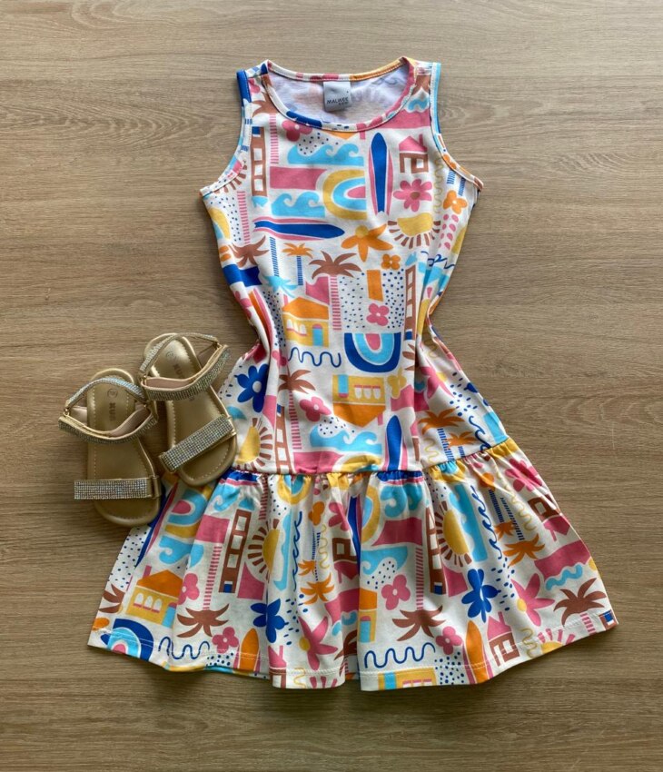 Vestido Infantil Feminino Evasê Estampado Fundo Off White Fernanda Ramos Kids