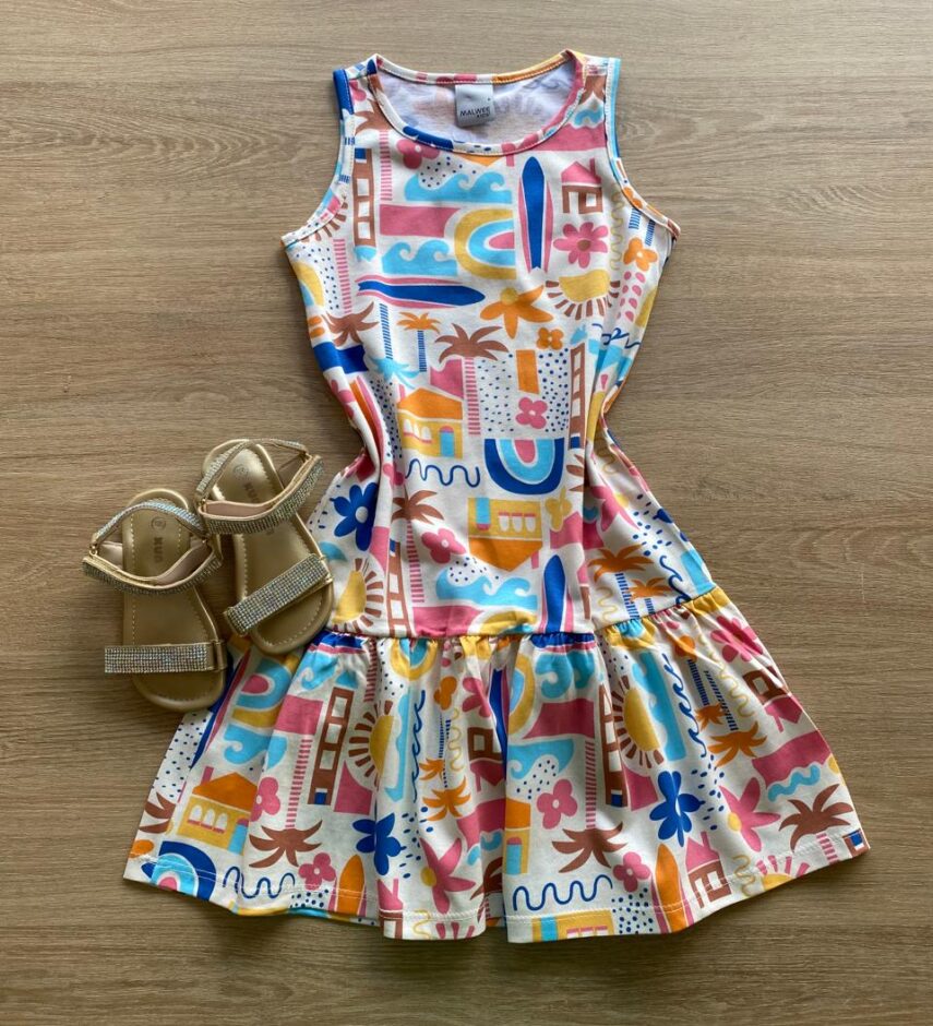 Vestido Infantil Feminino Evasê Estampado Fundo Off White Fernanda Ramos Kids