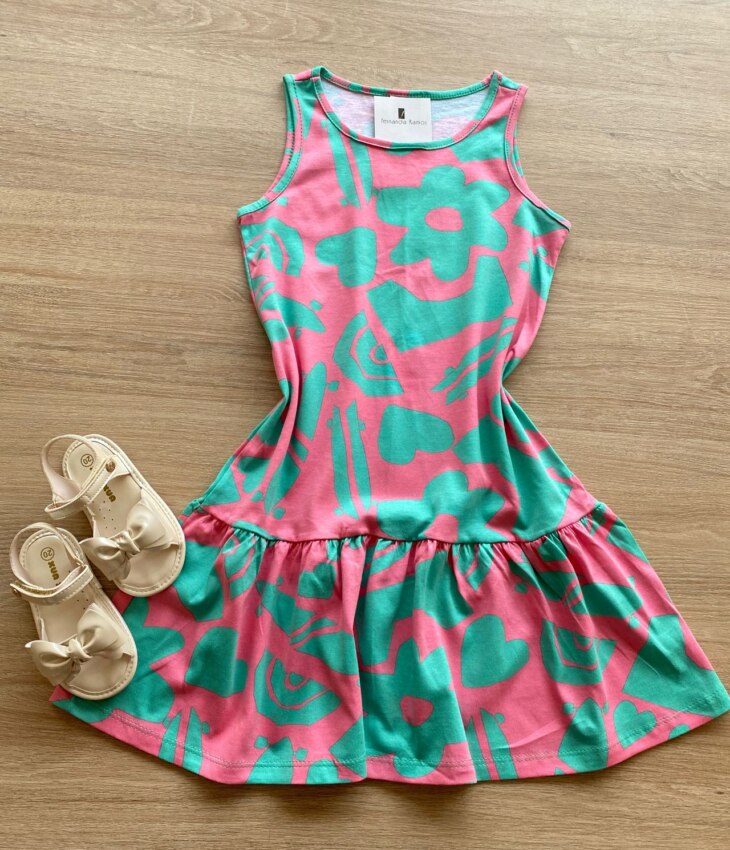Vestido Infantil Feminino Evasê Estampado Fundo Rosa Fernanda Ramos Kids