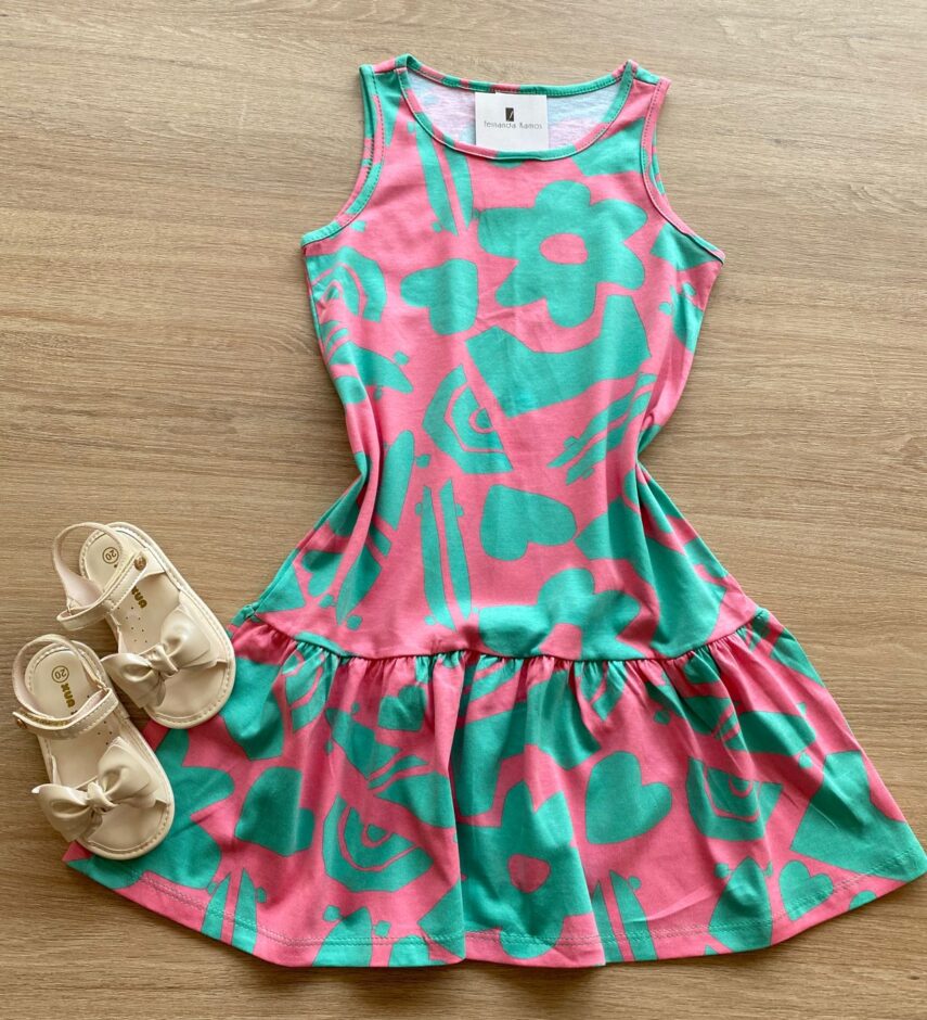 Vestido Infantil Feminino Evasê Estampado Fundo Rosa Fernanda Ramos Kids