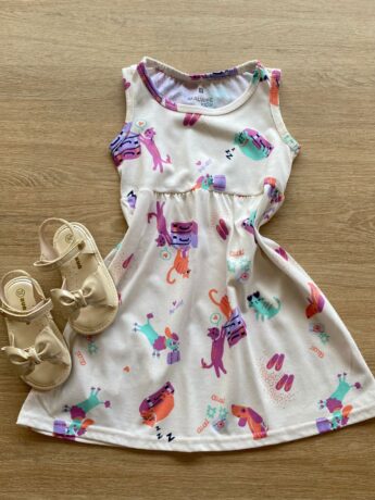 Vestido Infantil Feminino Evasê Off White Estampado Fernanda Ramos Kids