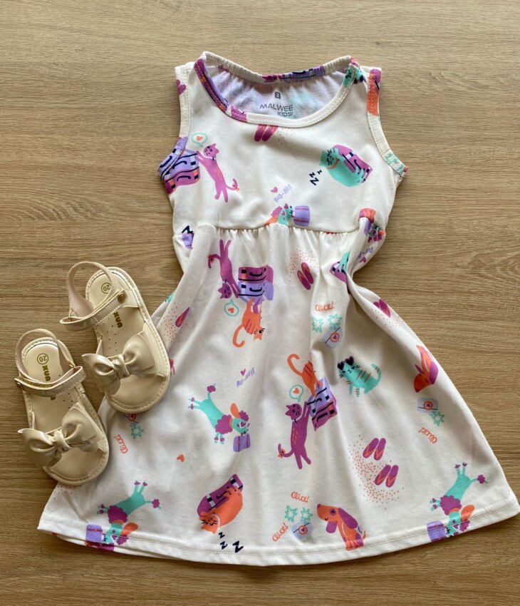 Vestido Infantil Feminino Evasê Off White Estampado Fernanda Ramos Kids