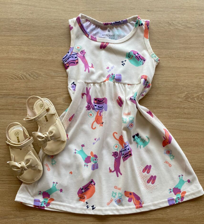 Vestido Infantil Feminino Evasê Off White Estampado Fernanda Ramos Kids