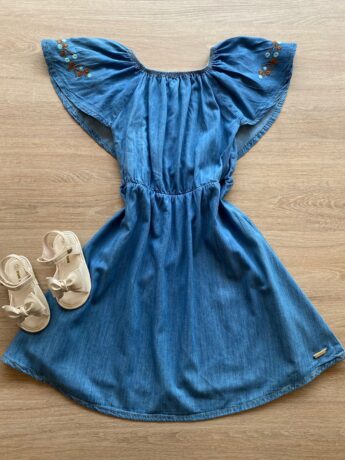 fernandaramoskids com br Vestido Infantil Feminino Jeans com Detalhe Bordado na Manga1