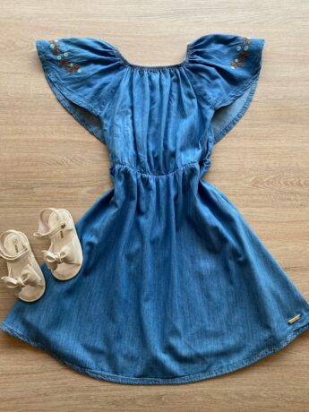 Vestido Infantil Feminino Jeans com Detalhe Bordado na Manga Fernanda Ramos Kids