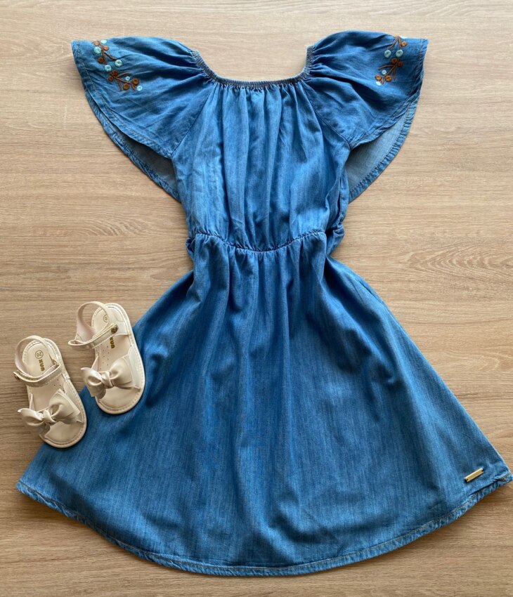 Vestido Infantil Feminino Jeans com Detalhe Bordado na Manga Fernanda Ramos Kids