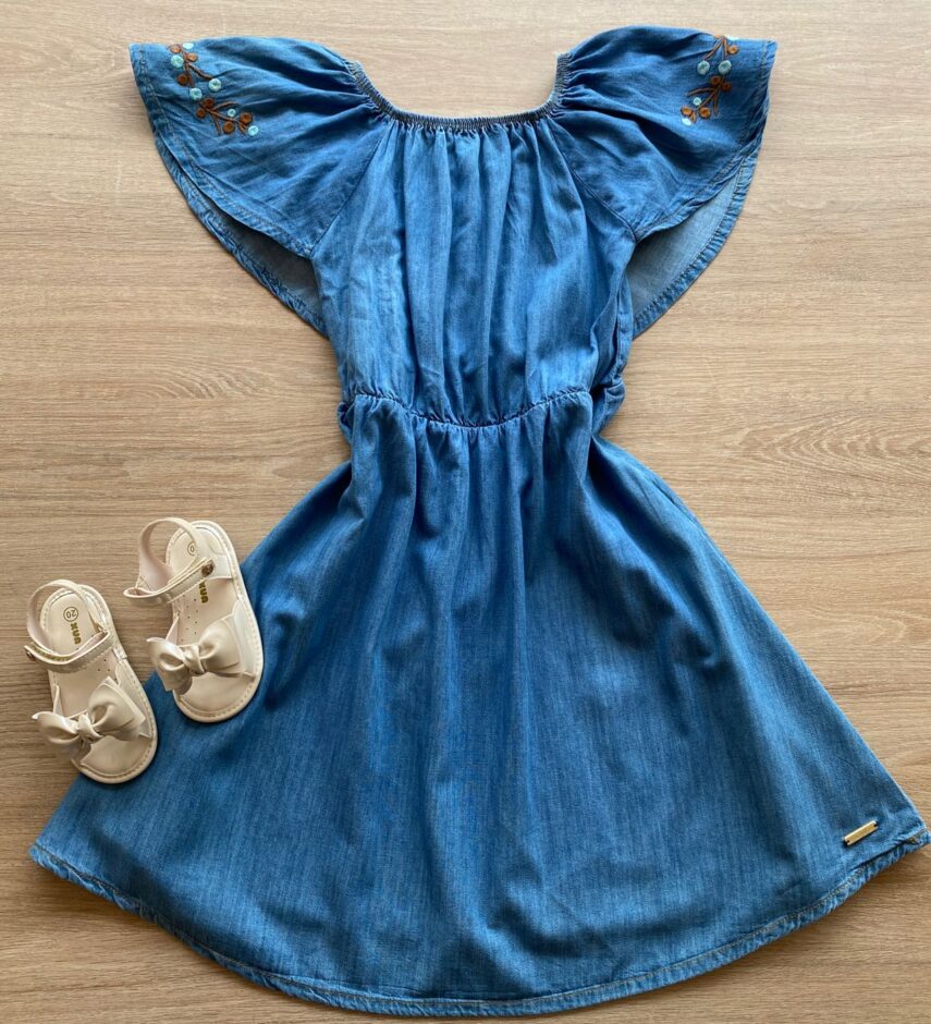 Vestido Infantil Feminino Jeans com Detalhe Bordado na Manga Fernanda Ramos Kids