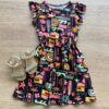 Vestido Infantil Feminino Manga Babado Estampado Fundo Preto Fernanda Ramos Kids