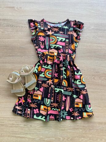 Vestido Infantil Feminino Manga Babado Estampado Fundo Preto Fernanda Ramos Kids