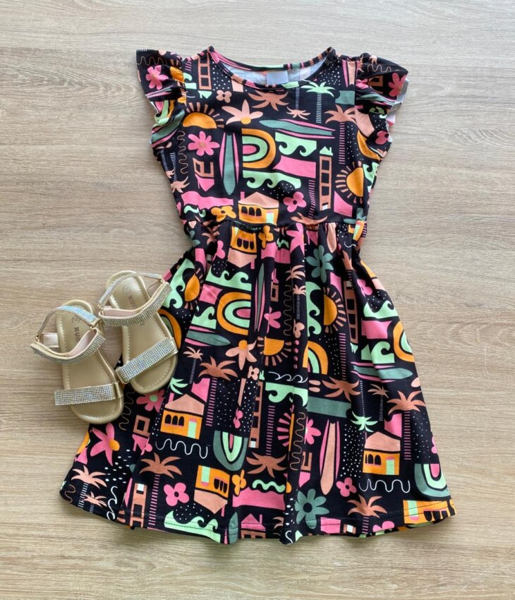Vestido Infantil Feminino Manga Babado Estampado Fundo Preto Fernanda Ramos Kids