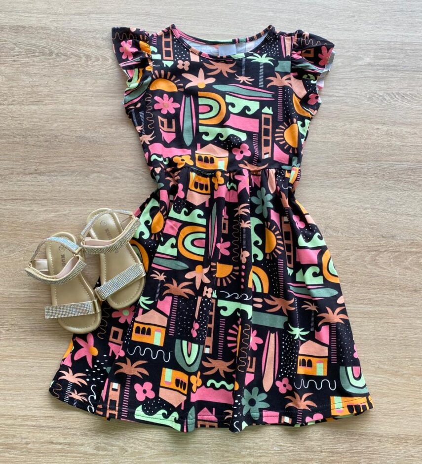 Vestido Infantil Feminino Manga Babado Estampado Fundo Preto Fernanda Ramos Kids