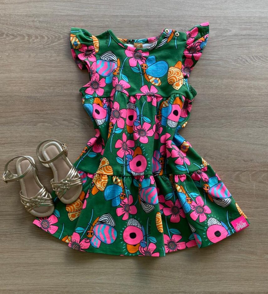 fernandaramosstore com br Vestido Infantil Feminino Manga Babado Estampado Fundo Verde1