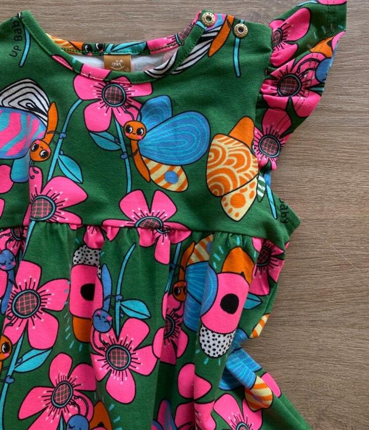 fernandaramosstore com br Vestido Infantil Feminino Manga Babado Estampado Fundo Verde3