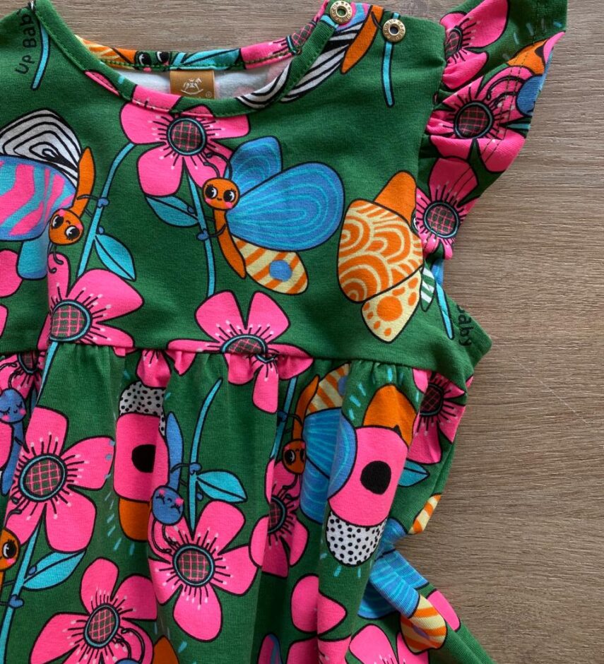 fernandaramosstore com br Vestido Infantil Feminino Manga Babado Estampado Fundo Verde3