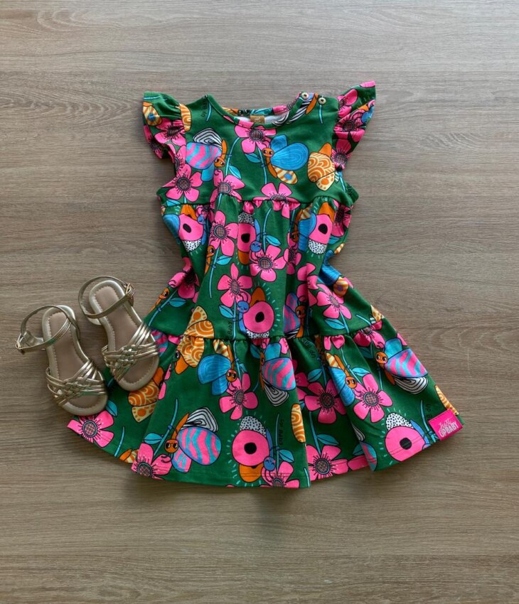 Vestido Infantil Feminino Manga Babado Estampado Fundo Verde Fernanda Ramos Kids