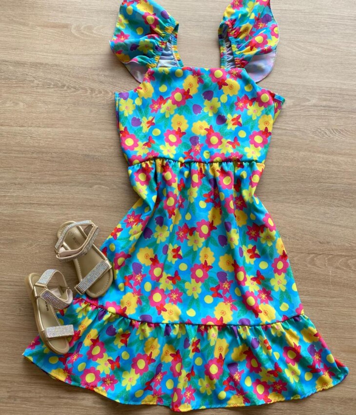 Vestido Infantil Feminino Manga com Babado Estampa Floral Fernanda Ramos Kids