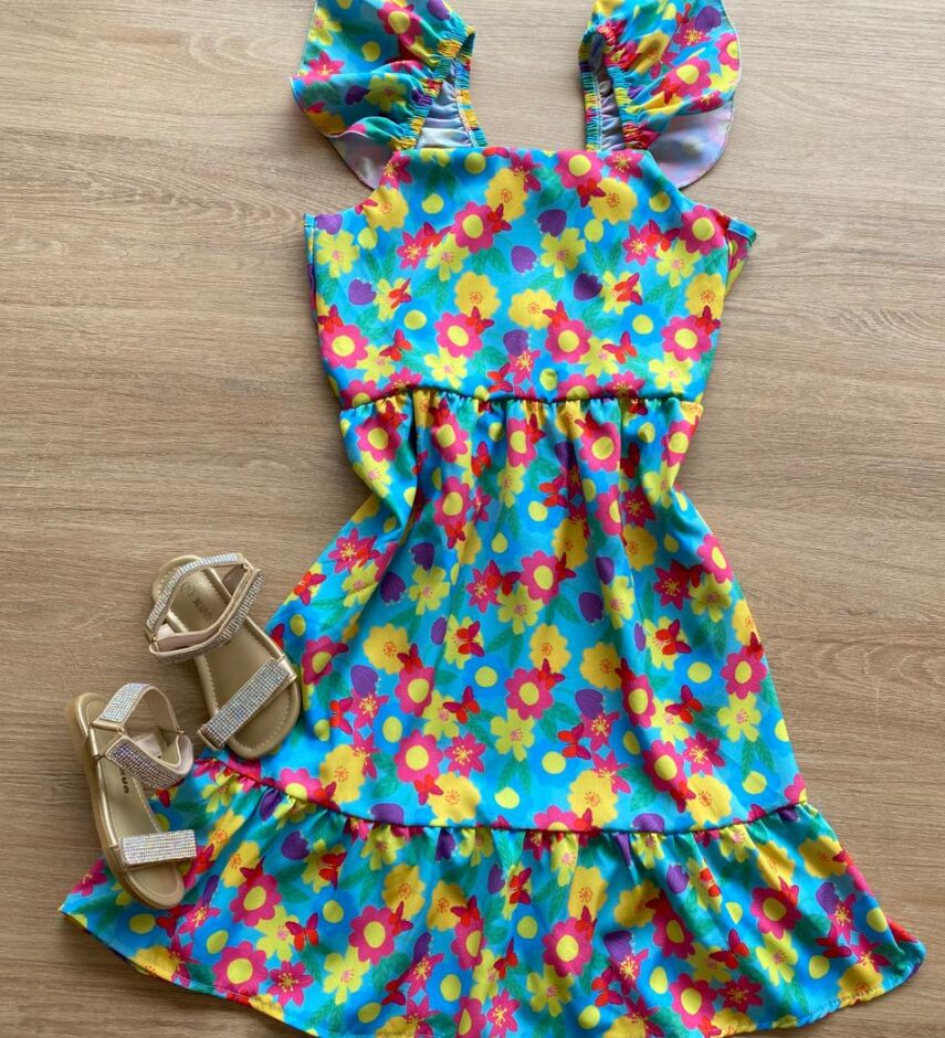 Vestido Infantil Feminino Manga com Babado Estampa Floral Fernanda Ramos Kids
