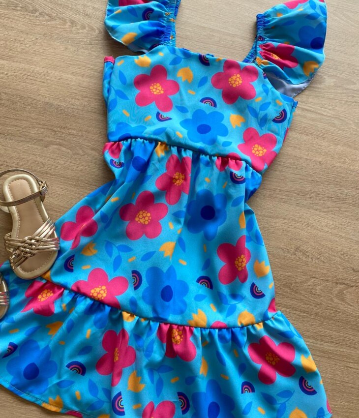 fernandaramoskids com br Vestido Infantil Feminino Manga com Babado Estampado Fundo Azul1