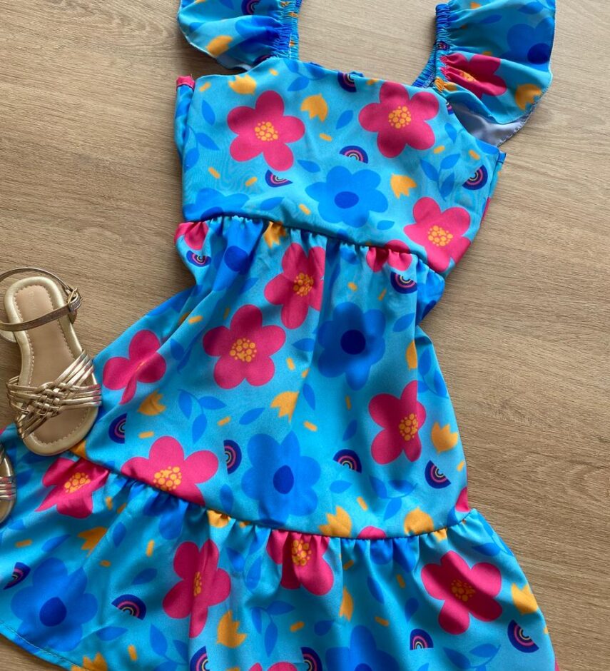 fernandaramoskids com br Vestido Infantil Feminino Manga com Babado Estampado Fundo Azul1