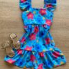 Vestido Infantil Feminino Manga com Babado Estampado Fundo Azul Fernanda Ramos Kids