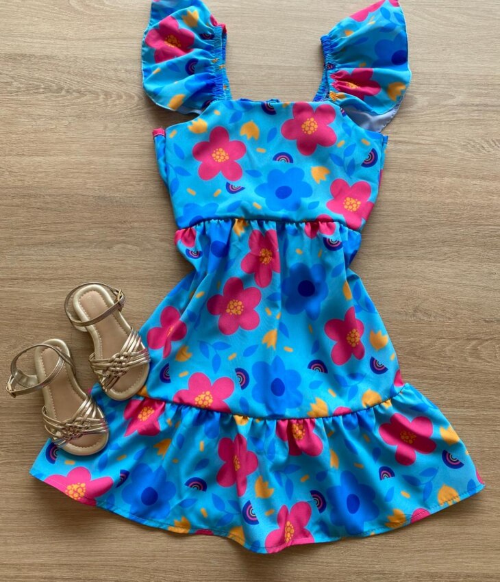 Vestido Infantil Feminino Manga com Babado Estampado Fundo Azul Fernanda Ramos Kids