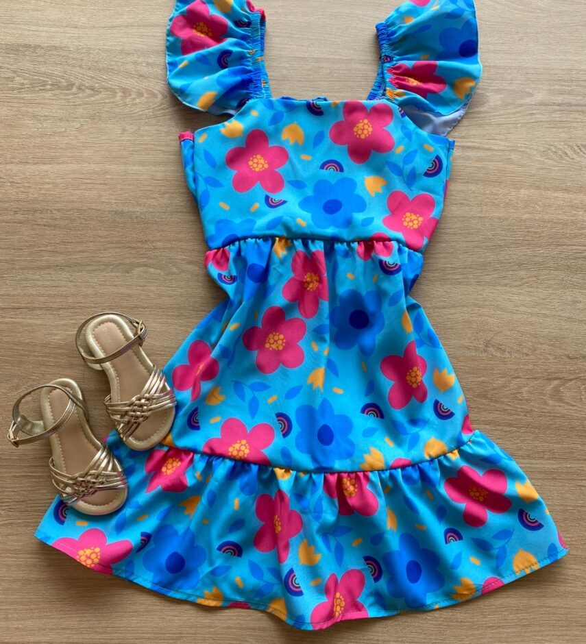 Vestido Infantil Feminino Manga com Babado Estampado Fundo Azul Fernanda Ramos Kids