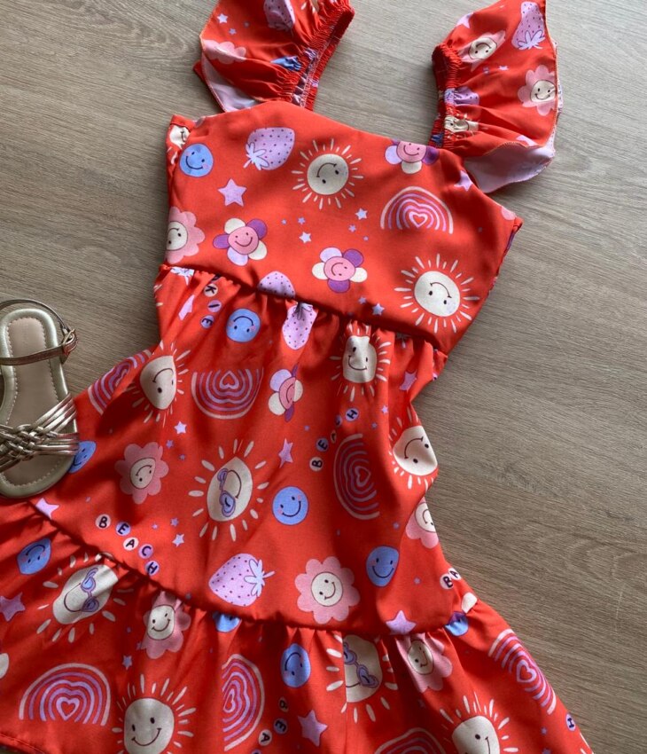 fernandaramoskids com br Vestido Infantil Feminino Manga com Babado Estampado Fundo Laranja1