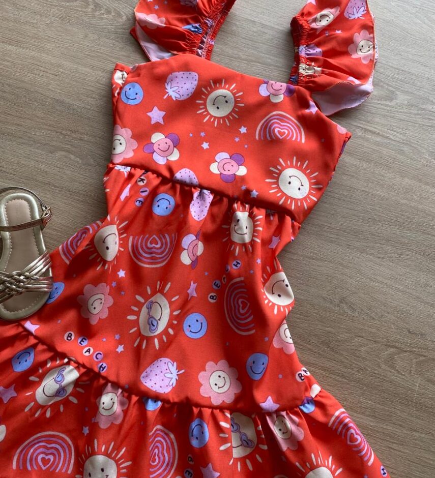 fernandaramoskids com br Vestido Infantil Feminino Manga com Babado Estampado Fundo Laranja1