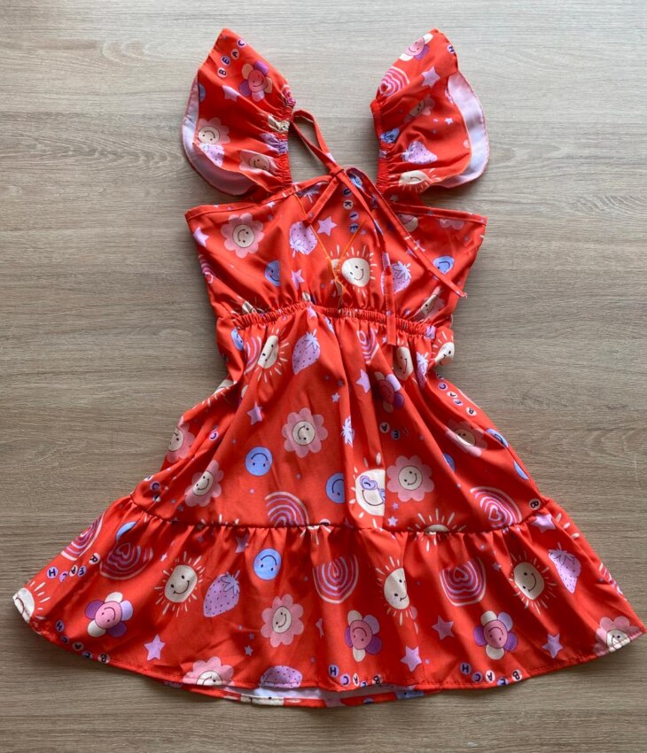fernandaramoskids com br Vestido Infantil Feminino Manga com Babado Estampado Fundo Laranja2