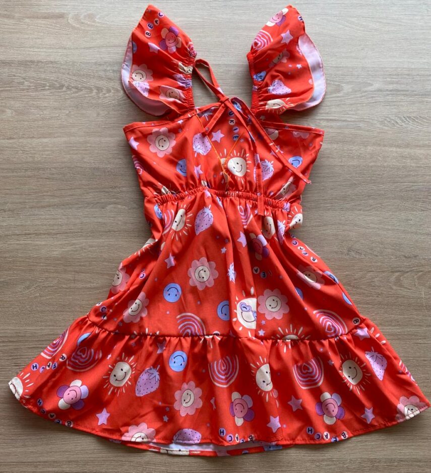 fernandaramoskids com br Vestido Infantil Feminino Manga com Babado Estampado Fundo Laranja2
