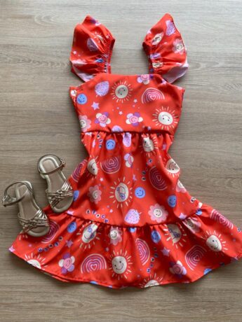 Vestido Infantil Feminino Manga com Babado Estampado Fundo Laranja Fernanda Ramos Kids