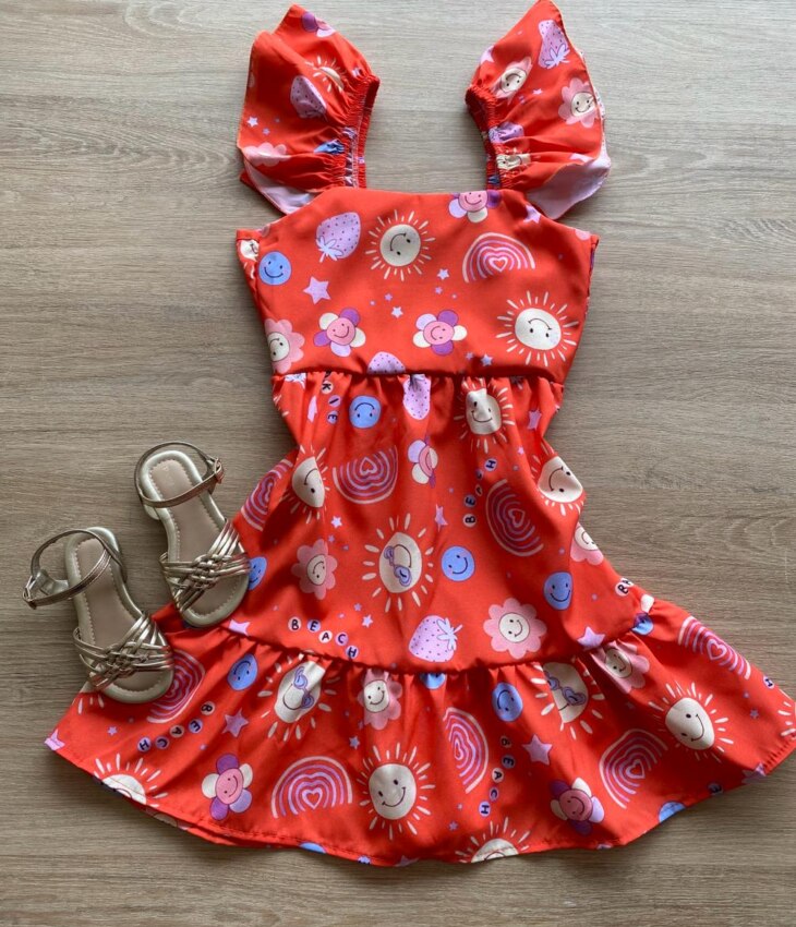 Vestido Infantil Feminino Manga com Babado Estampado Fundo Laranja Fernanda Ramos Kids